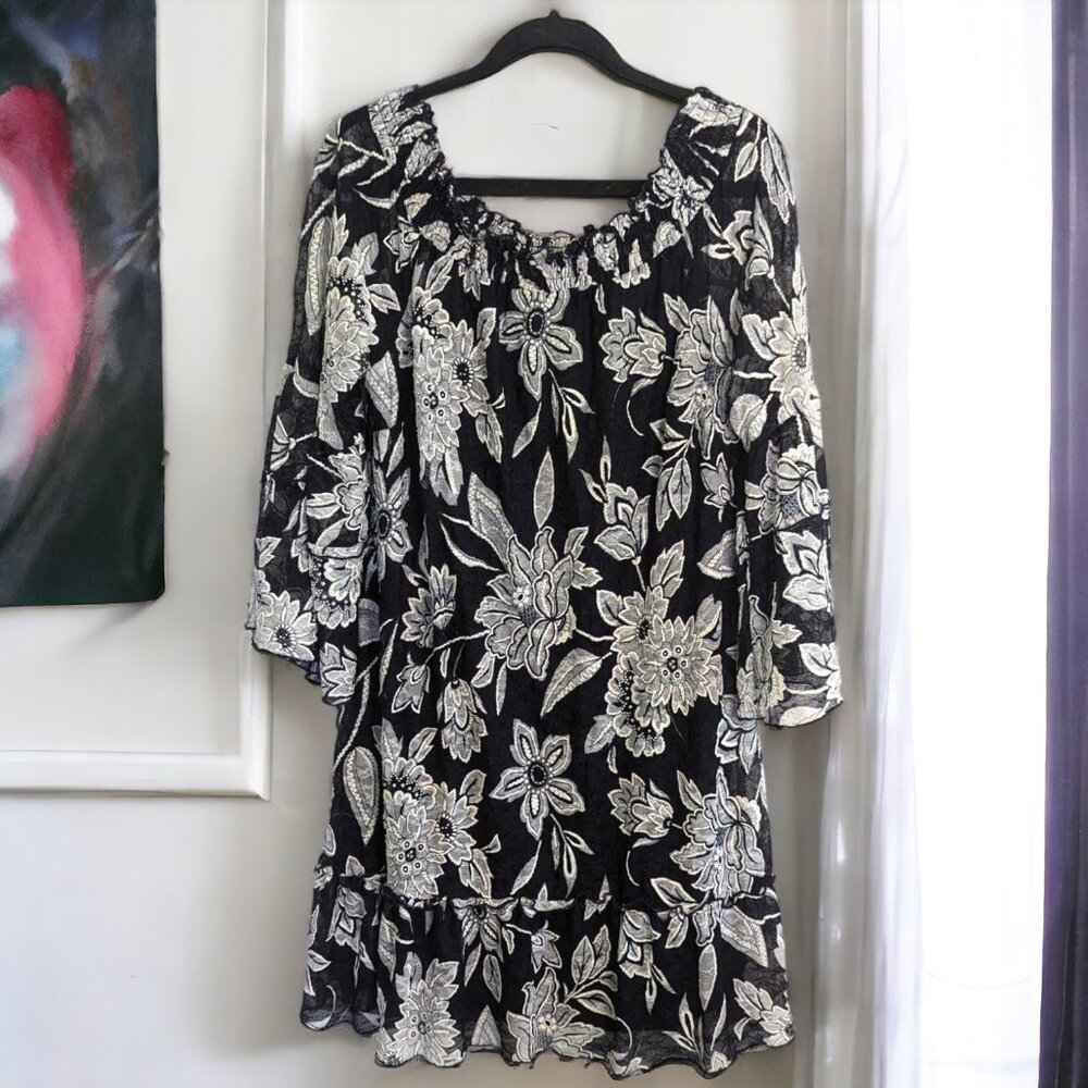 Westport Navy Blue White Floral Lace Overlay Bell Sleeve Ruffled Dress Size XL